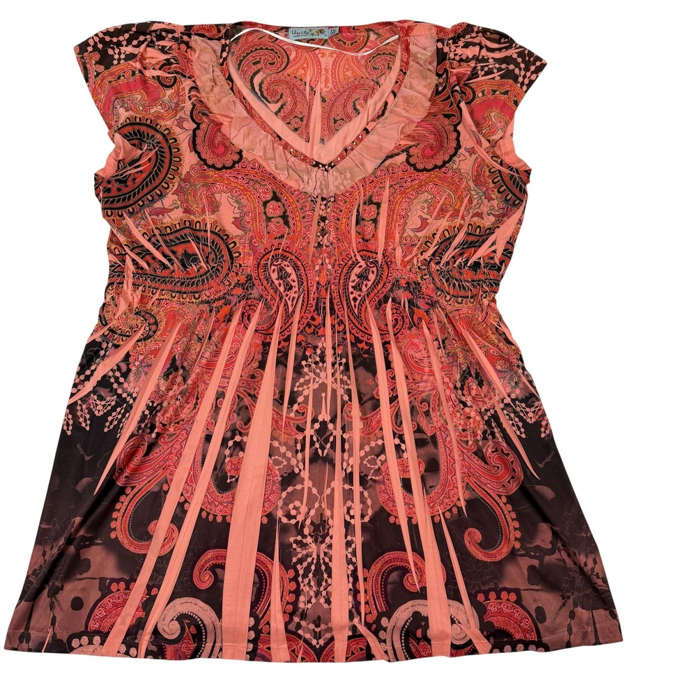 Boho Lightweight Tunic Top PXL Empire Waist Slinky Knit Paisley Flowy Resortwear